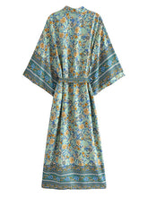 Beachwear Long Gown Floral Print Green Color Cotton Gown Robe Kimono